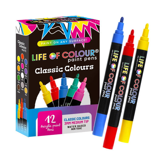 Classic Colours 3mm Medium Tip Acrylic Paint Pens -Set of 12