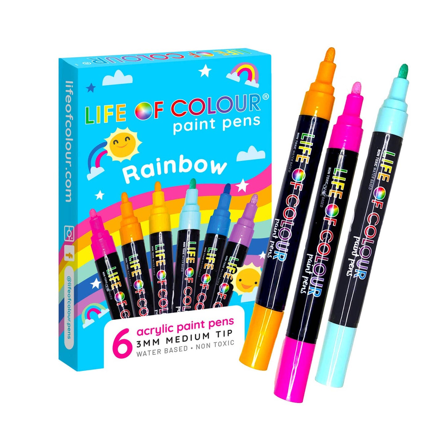 Rainbow Colours 3mm Medium Tip Acrylic Paint Pens – Set of 6