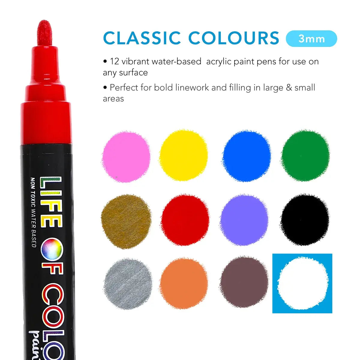 Classic Colours 3mm Medium Tip Acrylic Paint Pens -Set of 12