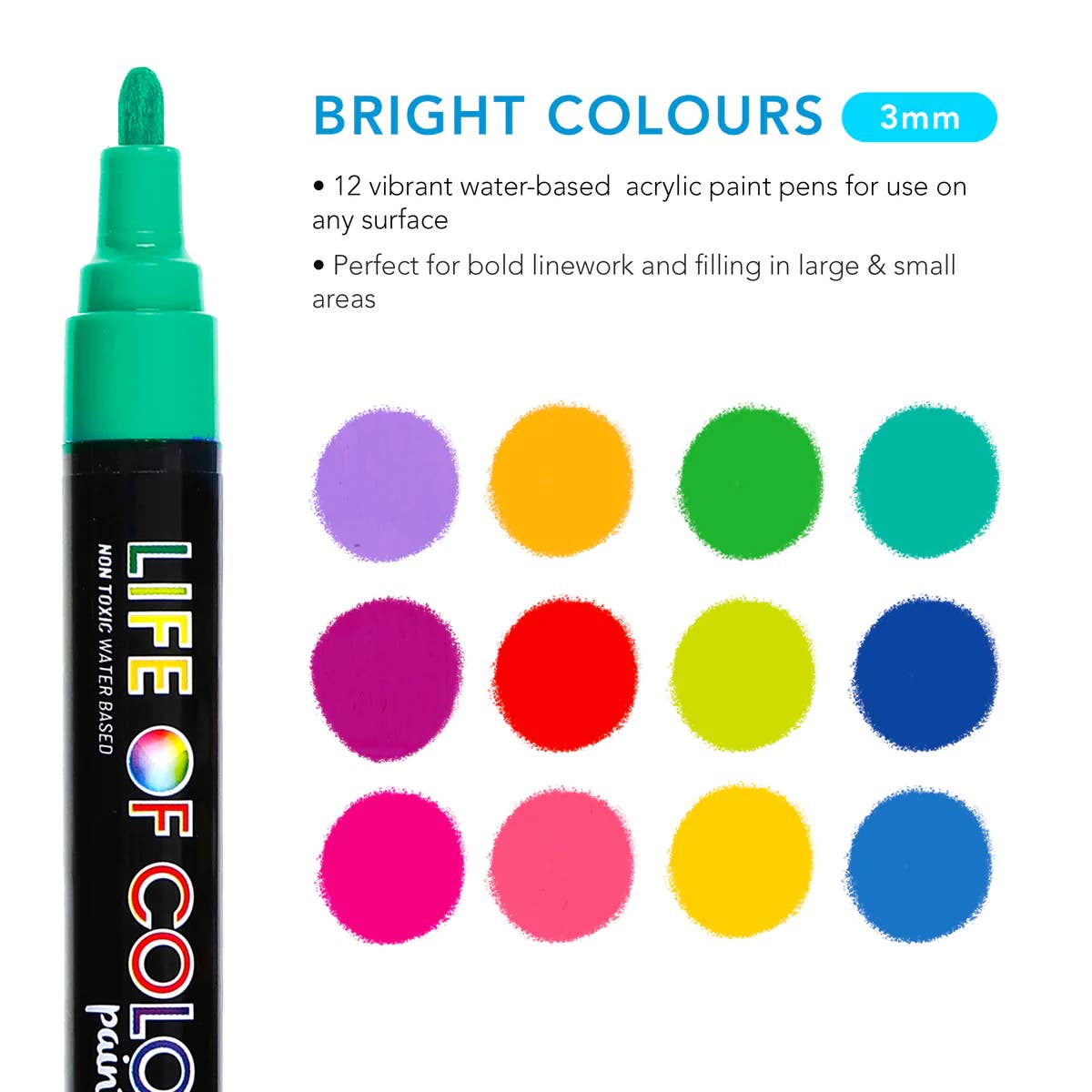 Bright Colours 3mm Medium Tip Acrylic Paint Pens - Set of 12